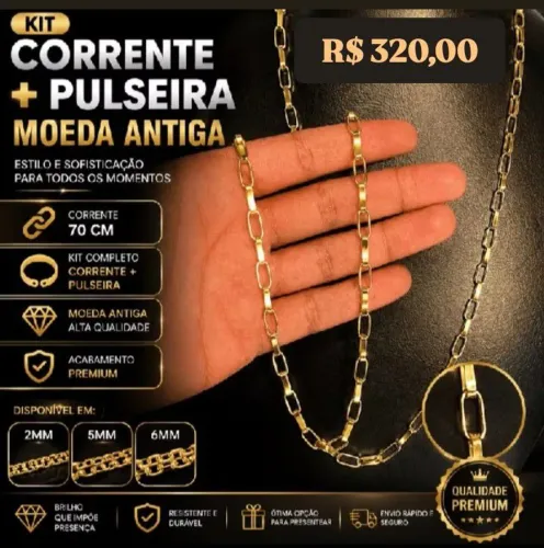 KIT CORRENTE MOEDA ANTIGA BANHADAS A OURO 18KILATES