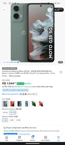 Troco moto g35 5g 256gb novo ( 1 mês de comprado )