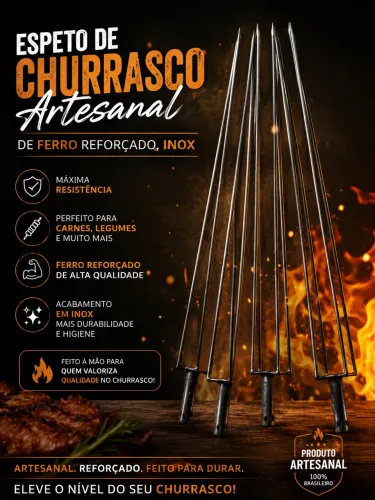 Espeto de Churrasco Artesanal (ferro reforçado, inox)