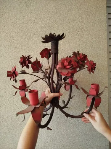 Lustre para Decoração Sala de Jantar Flores Artesanais Rústico Ferro Vermelho