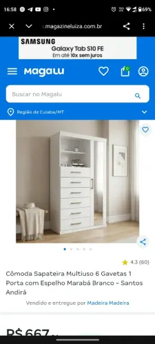 Cômoda sapateira multiuso 6 gavetas 1 porta com espelho Marabá Branco