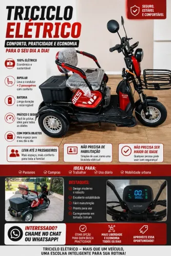 Triciclo Elétrico Autopropelido, 3 lugares, (divido cartão) 