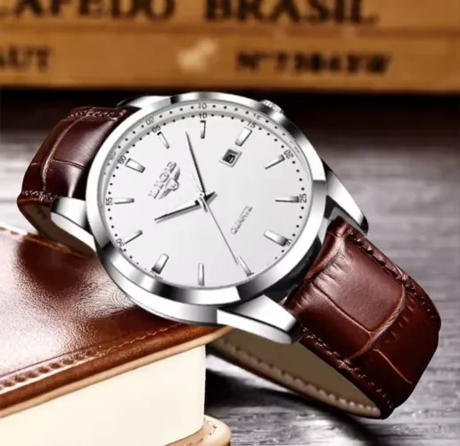 Relógio de Pulso de Luxo Social Masculino Premium Pulseira Couro Marrom LIGE Branco Prata