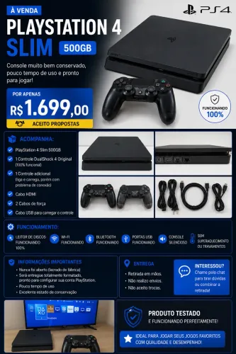 PlayStation 4 Slim 500GB + 2 Controles | Muito Conservado | Funcionando 100%