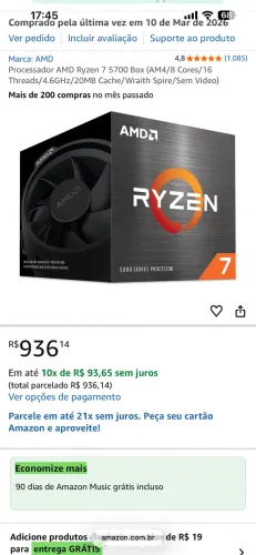 Processador AMD Ryzen 7 5700 Box (AM4/8 Cores/16 Threads/4.6GHz/20MB Cache/Wraith Spire/Se