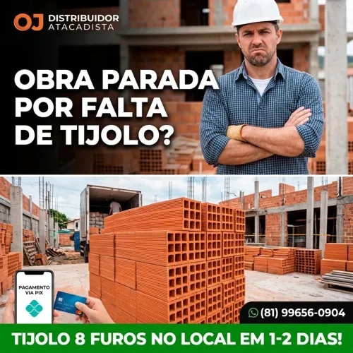 Tijolo 8 Furos Direto do Atacadista - Entrega Rápida de 1 a 2 Dias na Sua Obra!