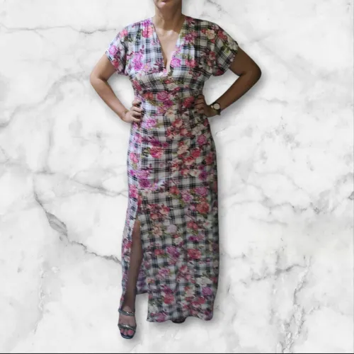 Vestido longo xadrez floral
