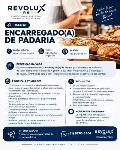 ENCARREGADO DE PADARIA\ SANTA ROSA RS