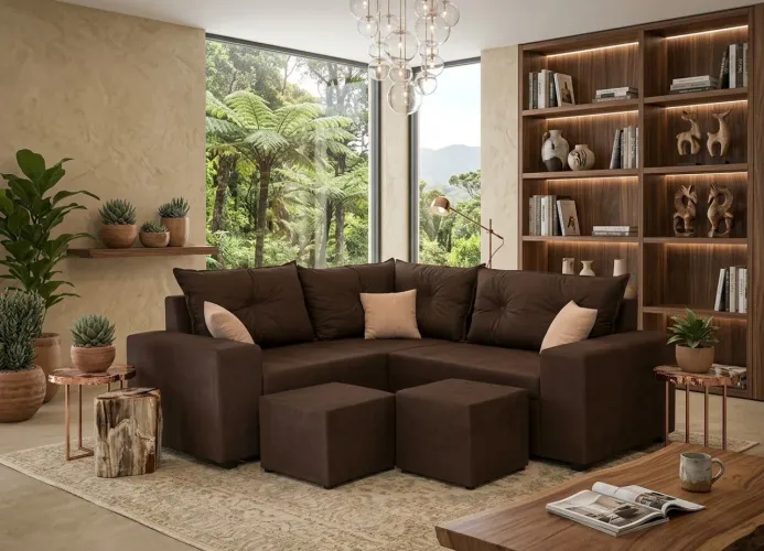 Sofá L ou de canto com centro, puff e almofadas decorativas grátis 