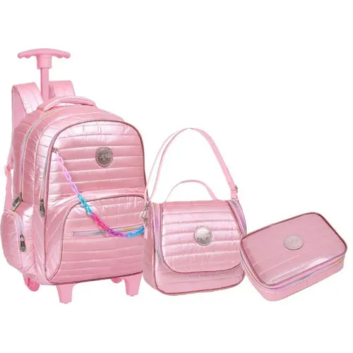 Kit Mochila Rodinha Juvenil Estojo Box Lancheira Escolar Feminina Matelassê Yepp