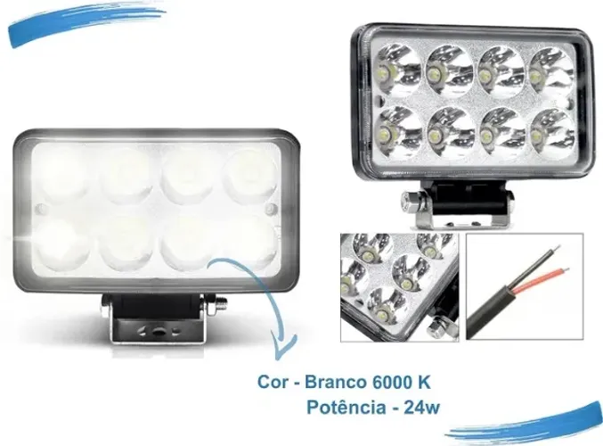 Farol de Led Auxiliar Retangular 8 Leds Bivolt branco forte unidade com garantia