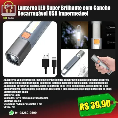 Lanterna LED Super Brilhante com Gancho Recarregável USB Impermeável