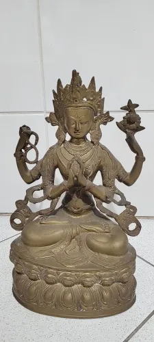 Estátua Antiga Deusa Tara Branca em Bronze - Budismo Tibetano