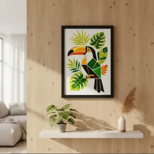 Quadro Decorativo Tucano Tropical A3 - Pintura Física Original com Moldura