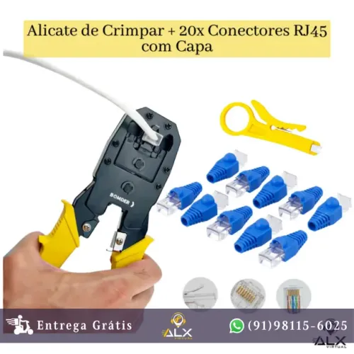 Alicate de Crimpagem + 20 Conectores Rj45 Cat5e + Capa P/ Plug *ENTREGA GRÁTIS*