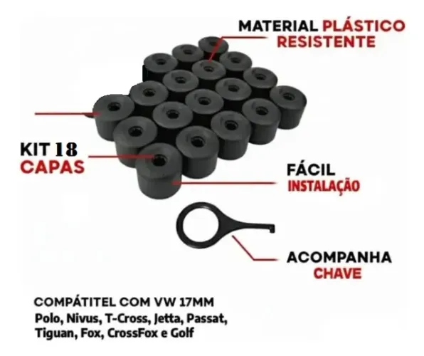 Tampa do parafuso da roda VW (17mm): Golf, Polo, Nivus, Fox, Jetta e T Cross.