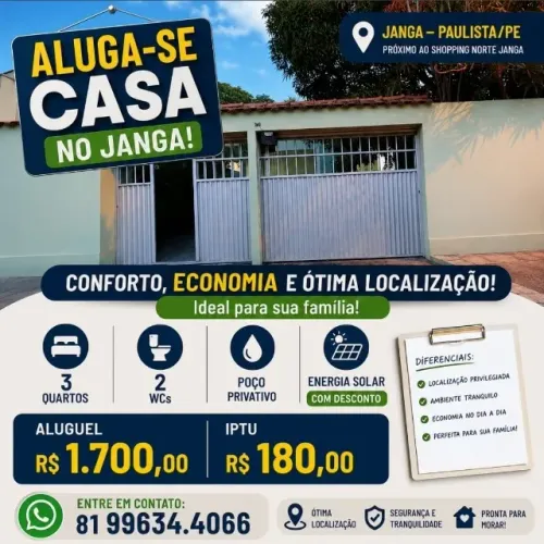 ALUGA-SE ÓTIMA CASA 3 QTs NO JANGA, PAULISTA-PE