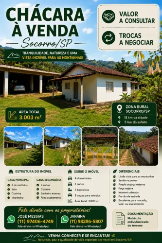 Chácara em Socorro/SP com 3.000m² e Linda Vista