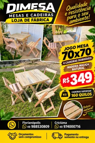 Jogo Mesa 70x70 + 4 Cadeiras Dobráveis sem pintura