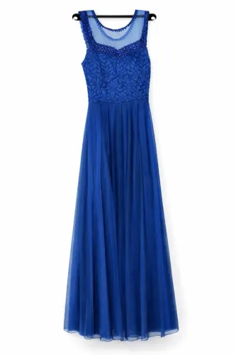 Vestido de festa azul longo - renda e tule - TAM M  