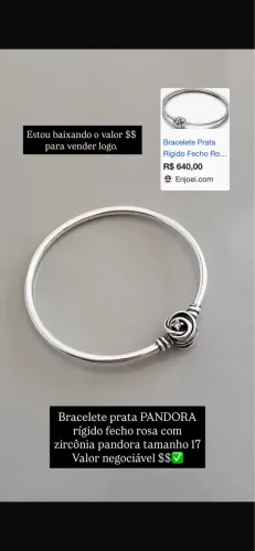 bracelete prata rígido fecho rosa com zircônia pandora - tamanho 17