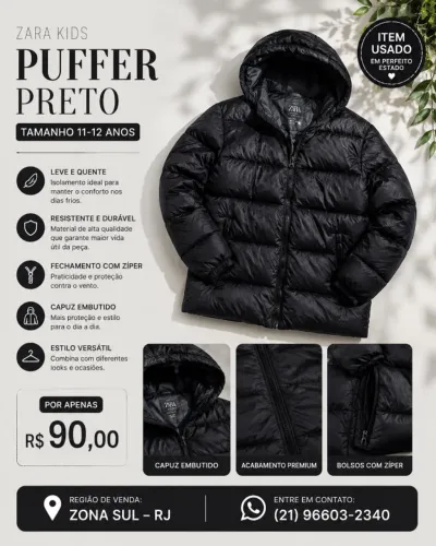 Puffer preto Zara Kids