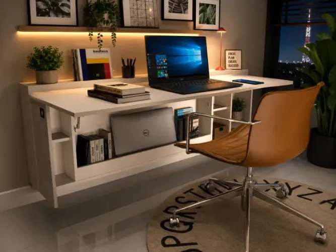 Mesa Dobrável Home Office Delluxe. Armário para guardar livros notebook