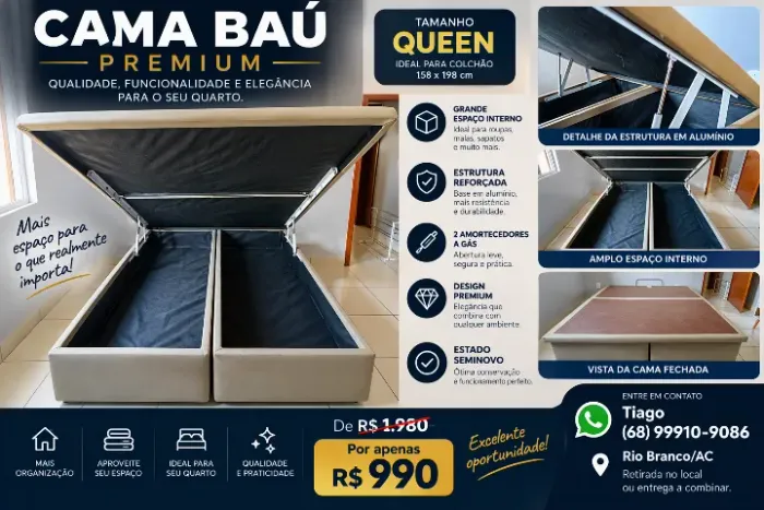 Cama baú tamanho Queen, com estrutura bem acabada excelente, e com 2 amortecedores