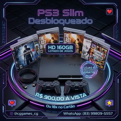 PS3 Slim 160GB Desbloqueado + 2 Controles + Lojas Grátis + Emuladores