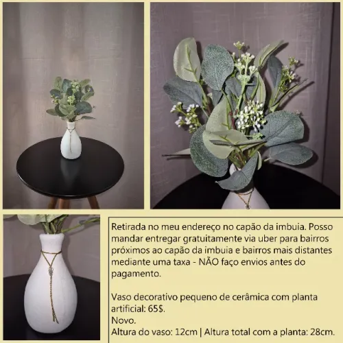 Vaso off white pequeno de cerâmica com planta eucalipto artificial novo