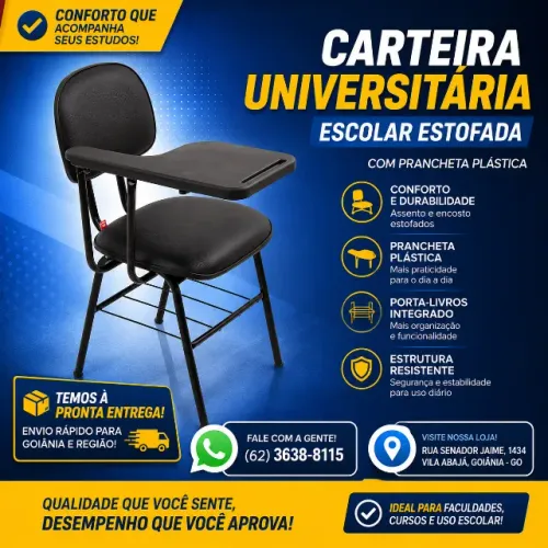 Carteira Universitária Escolar Com Prancheta Plástica - Casa das Cadeiras Goiânia