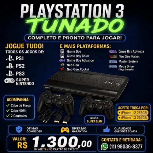 Playstation 3 com 2 controles e jogos completo