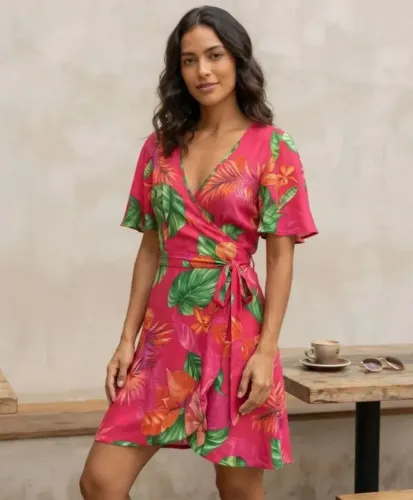 Vestido Envelope Pink Estampado Em Viscose. Tamanho M