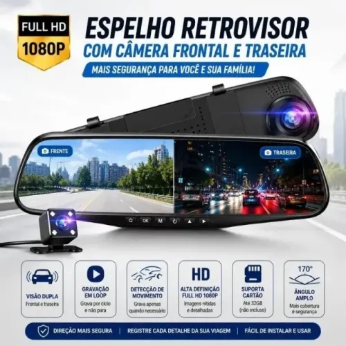 Espelho Retrovisor com Câmera Frontal e de Ré Full HD - Segurança e Tecnologia