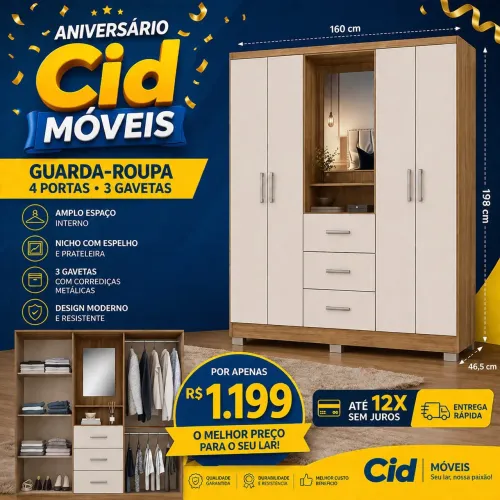 Guarda roupa de casal com espelho na promoção de aniversário da loja