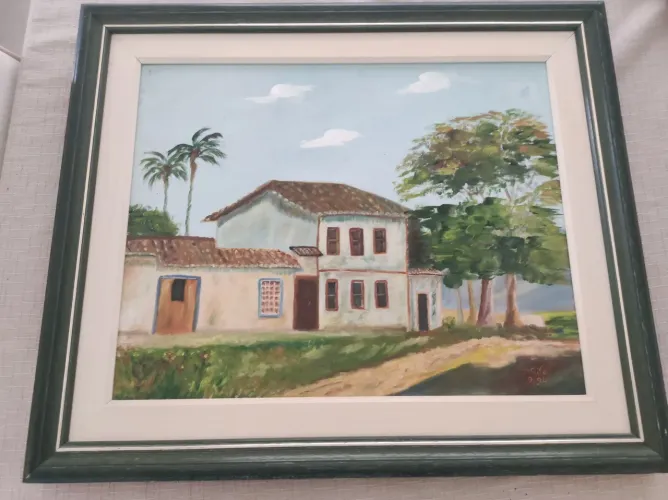 Quadro de pintura a óleo de casas de colonos na fazenda