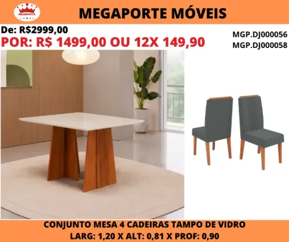 Conjunto de Mesa Jantar 0,90x1,20 com 4 Cadeiras