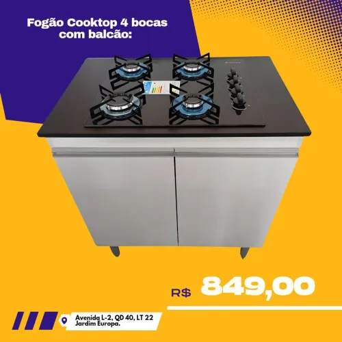 Fogão Cooktop 4 bocas com balcão.