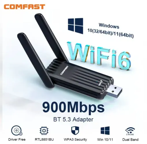 Adaptador Wi-Fi e Bluetooth 5.3  900Mbps Comfast WiFi 6