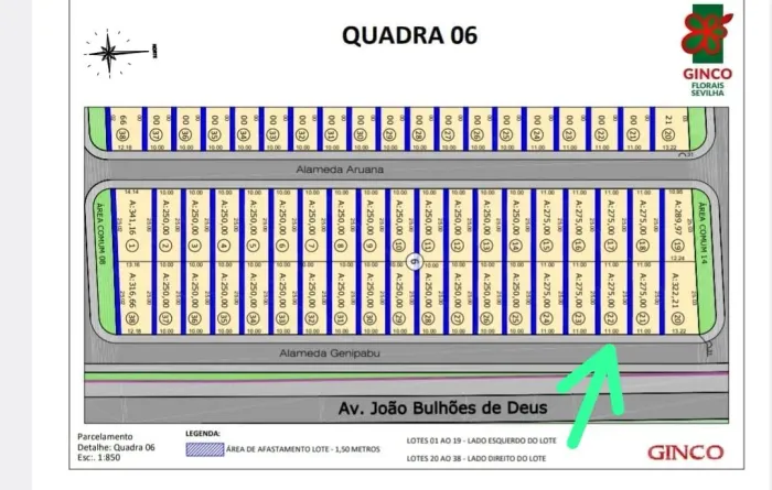 LOTE DE 275 M² FLORAIS SEVILHA, GINCO CLUBE, Ágio R$ 150 mil , já entregue, aceito carro.