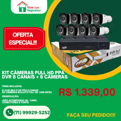 Kit de Câmeras Full HD Ppa - Dvr 08 Canais + 08 Câmeras Bullet