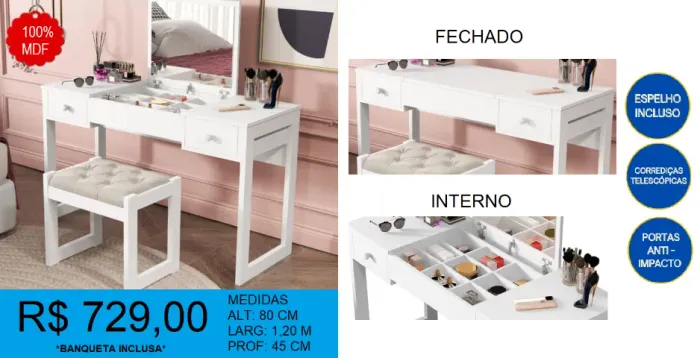 Penteadeira com banco incluso - Entrega e montagem grátis!