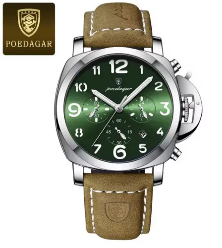 Relógio de pulso Poedagar 859 Silver Green com pulseira em couro ecológico