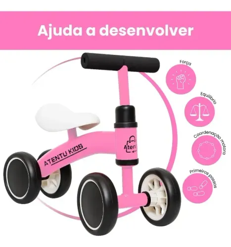 Bicicleta Infantil De Equilíbrio Sem Pedal 4 Rodas Cor Rosa