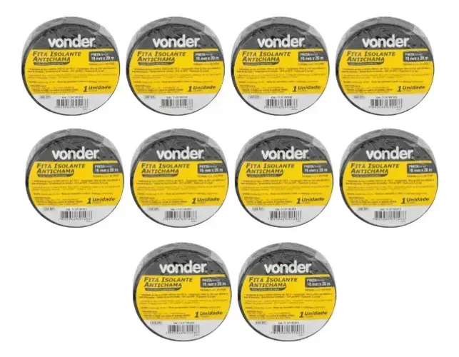 Kit 10 Fitas Isolante, 19 Mm X 20 M, Preta - Vonder