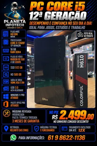 CPU core i5 12400F com 16gb de ram DDR4 + Placa Vídeo 4gb + SSD 512gb + HD (com garantia)