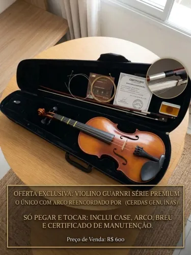 Violino 4/4 GUARNIERI série Premium. Arco reencordado com cerdas genuínad brancad.