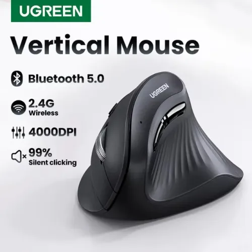 Mouse Vertical Ugreen Sem Fio, Bluetooth 5.0, 2.4G, Ergonômico 4000DPI, 6 Botões