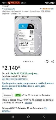 HDD Desktop Seagate SkyHawk Surveillance 6TB SATA6 5400RPM 256MB 3.5"<br>Lacrado, nunca usado