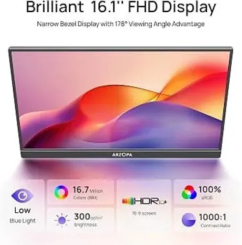 Monitor portátil de 16.1", monitor portátil para laptop 100% sRGB FHD 1080p, tela IPS
